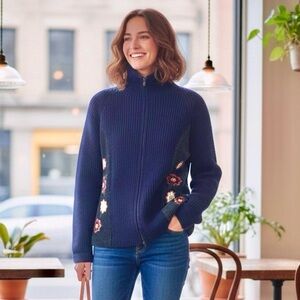 Vintage Navy Wool Blend and Corduroy Zip Up Ribbed Knit Cardigan by Veeko Size S